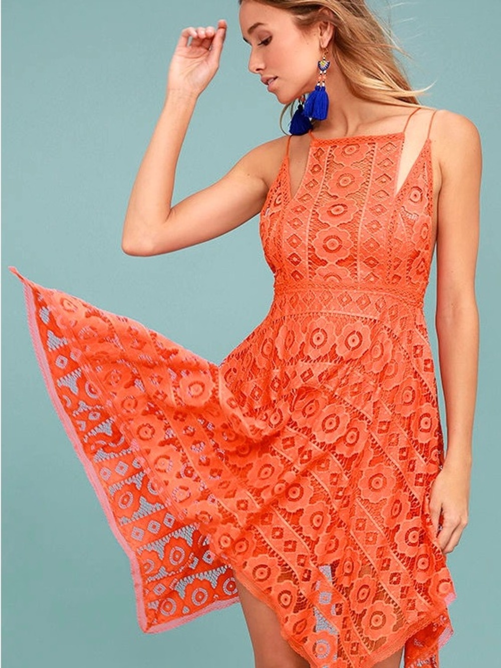 Free People Orange Asymmetrical Lace Midi Dress